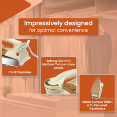 OE-21 Dry Iron with Teflon Coating. Suitable for all fabrics, ensuring smooth, scratch-free ironing. White and golden design.