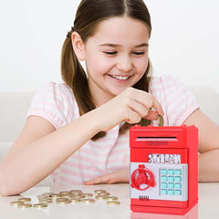 Electronic Money Bank for Kids - Password Lock, Auto Cash Scroll, ATM-Style Piggy Bank (Red)