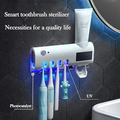 3-in-1 Intelligent Photosensitive Toothpaste Dispenser | Wall Mounted USB Rechargeable Solar Power Toothbrush Holder (White)