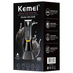 Kemei KM-3208 Professional Body Hair Trimmer. LED light, USB charging, waterproof for precise men & women intimate shaving.