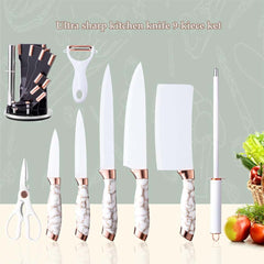 9-Piece White Kitchen Knife Set Ultra-sharp non-stick blades with cracked handle design & acrylic stand. Perfect gift set.
