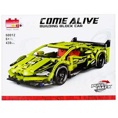 Come Alive Tech Sport Racing Car Building Set. 439-piece green DIY bricks with pull-back function for kids. STEM construction toy.