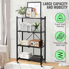 4-Layer White Mobile Folding Kitchen Storage Rack – No-Installation, Thickened Multi-Purpose Shelf (Black)