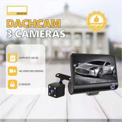 DX3618 3-Channel Car Dashcam. 4" HD display with front, rear & inside cameras. Loop recording, night vision & G-sensor.