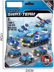 6-in-1 City SWAT Police Vehicle Building Blocks Set – 158-Piece DIY Assemble Scene with Modern Buildings & Character Dolls for Kids 6+