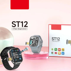 ST12 Smart Watch - 2.2" Full Screen, 4G SIM Support, 3 Straps + Wireless Charger (Multi-Color) for Men & Women