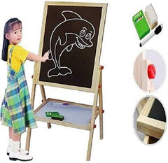 Kids Writing Board | Portable Double-Sided Wooden Easel with Whiteboard & Chalkboard | Height Adjustable Drawing Stand for Learning