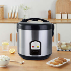 OE-400 2-Liter Mixed Rice Cooker. 2-in-1 rice cooker & steamer with non-stick pot, Cook/Warm functions. Silver & black.