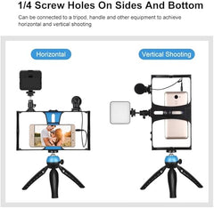 4-in-1 Vlogging Live Broadcast LED Selfie Fill Light Kit – Smartphone Video Rig with Microphone, Tripod Mount, and Cold Shoe Tripod Head - Blue