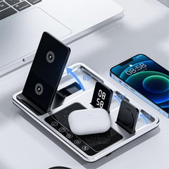 R11 Multifunctional 4-in-1 Wireless Charger – Folding Portable Charging Station with Digital Display and Time Function