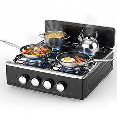 OE-441 European 4-Burner Gas Stove. Sabaf burners, pulse ignition & cast iron pan supports. For home & outdoor use.