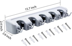 Tool Holder with Wax Handlebar | Wall-Mounted Mop Holder with 6 Hooks & 5 Quick-Release Clamps | Organize Mops, Brooms, and Tools