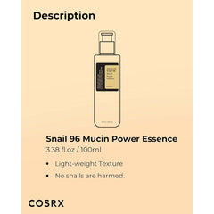 COSRX Advanced Snail 96 Mucin Power Essence. Hydrating & repairing snail secretion filtrate for plump, glowing skin. 100ml.