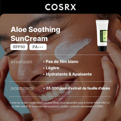 COSRX Aloe Soothing Sun Cream SPF50. Hydrating daily sunscreen for dry, sensitive skin. No white cast. UVA/UVB protection.