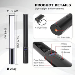 FM-128 RGB LED Light Wand - Adjustable Brightness & Color (2500K-6500K), 12 Light Scenes, Built-in Battery for Photography/Vlogging