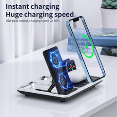 R11 Multifunctional 4-in-1 Wireless Charger – Folding Portable Charging Station with Digital Display and Time Function