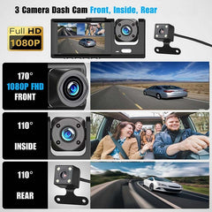 4-Inch Triple-Lens WiFi Dash Cam - Front/Rear/Inside Recording, Mobile App Control, Night Vision & Parking Monitor