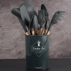 12-Piece Silicone Kitchen Set - Wooden Handles, Scratch-Resistant Baking Tools in Nylon Case, Perfect Home Kitchenware