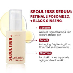 K-Secret SEOUL 1988 Serum with Retinal Liposome 2% & Black Ginseng – Anti-Aging, Wrinkle Care, Brightening & Firming Korean Face Serum 30ml
