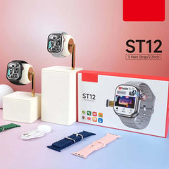 ST12 Smart Watch - 2.2" Full Screen, 4G SIM Support, 3 Straps + Wireless Charger (Multi-Color) for Men & Women