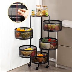 5-Tier Kitchen Storage Shelf - Rotatable Fruit & Vegetable Basket with 360° Swivel Wheels | Circular Rotating Storage Rack for Kitchen, Pantry, Bathroom, and More | Large Capacity Metal Organizer for Snacks, Spices, and Produce