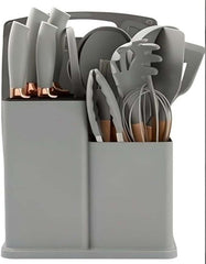 19-Piece Silicone Cooking Utensils & Knife Set with Block | Includes 11 Silicone Utensils, 5 Stainless Steel Knives, Scissors, Cutting Board | Grey