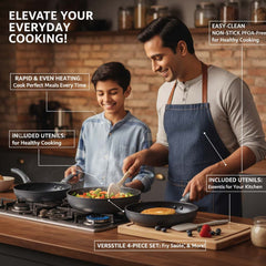 OE-017 4-Piece Non-Stick Frying Pan Set. 3 pans & nylon spatula in 20cm, 24cm, 26cm. Dishwasher-safe aluminum body. (Black)