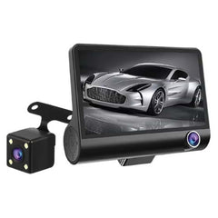 DX3618 3-Channel Car Dashcam. 4" HD display with front, rear & inside cameras. Loop recording, night vision & G-sensor.