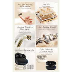 U-20 Open Ear Ring Headphones - Bluetooth 5.4 Clip-On OWS Earphones, 30H Battery, Noise-Cancelling, 4.9g Lightweight (White)