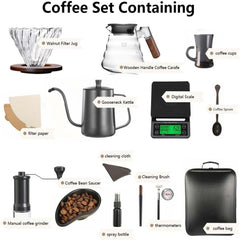 DX-2573 12-PC Pour Over Coffee Kit - Complete Set with Wooden Dripper & Travel Bag, Perfect Gift for Coffee Lovers
