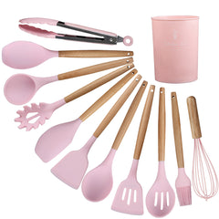 12-Piece Silicone Kitchen Set - Wooden Handles, Scratch-Resistant Baking Tools in Nylon Case, Perfect Home Kitchenware