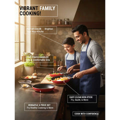 OE-017 4-Piece Red Non-Stick Frying Pan Set. 3 aluminum pans & spatula in 20cm, 24cm, 26cm. Dishwasher-safe.