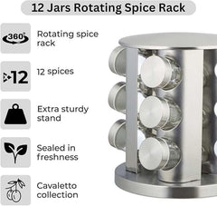 12-Piece Glass Spice Jar Set – Rotating Stainless Steel Spice Rack with 120ml Round Jars