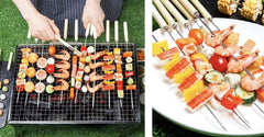 6 Pcs Kebab Skewers | Barbecue Skewers with Wooden Handle | Reusable Stainless Steel Metal BBQ Kabab Sticks