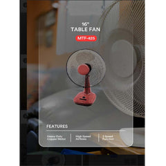 MTF-425 16" Table Fan - 3-Speed Adjustable Tilt, Quiet Operation for Home & Office