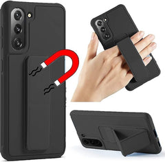 Slim Protective Case for Samsung Galaxy S21 to S24 Plus 5G (6.7 Inches) | Leather Hand Strap Holder & Kickstand | Black