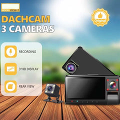 DX-3617 3-Channel Dash Cam. Front, rear & interior recording with WiFi app control, night vision & parking mode.