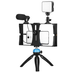 4-in-1 Vlogging Live Broadcast LED Selfie Fill Light Kit – Smartphone Video Rig with Microphone, Tripod Mount, and Cold Shoe Tripod Head - Blue