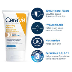 CeraVe Hydrating Mineral Sunscreen Face Lotion SPF 30 with Sheer Tint – 100% Mineral Filter, Broad Spectrum Protection & Healthy Glow Finish
