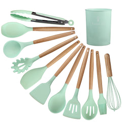 12-Piece Silicone Kitchen Set - Wooden Handles, Scratch-Resistant Baking Tools in Nylon Case, Perfect Home Kitchenware