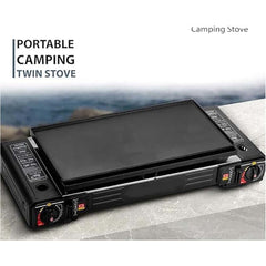Portable Double Burner Card Stove. Windproof butane camp stove with 3-second ignition for fast outdoor cooking. Compact design.