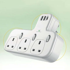 Dx871 Power Strip with 3 AC outlets, 2 USB ports & 1 PD port for fast charging. Compact modern design in white.