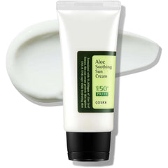 COSRX Aloe Soothing Sun Cream SPF50. Hydrating daily sunscreen for dry, sensitive skin. No white cast. UVA/UVB protection.