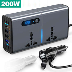 200W Universal Socket Power Inverter DC to AC Converter – 12V/24V Car Inverter with USB Charging Ports for Phones & Tablets, Multi-Purpose Charging