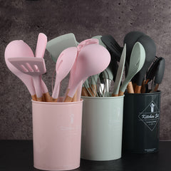 12-Piece Silicone Kitchen Set - Wooden Handles, Scratch-Resistant Baking Tools in Nylon Case, Perfect Home Kitchenware