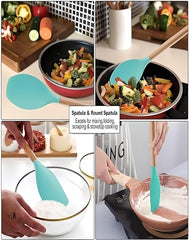 19-Piece Silicone Cooking Utensils & Knife Set with Block | Includes 11 Silicone Utensils, 5 Stainless Steel Knives, Scissors, Cutting Board | Teal