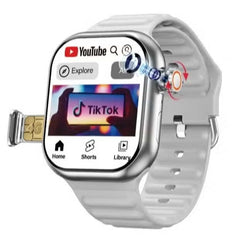 TC42 AMOLED 4G Smartwatch. 2.2" display, 8MP camera, SIM card slot. Unisex design with 3 straps in silver.