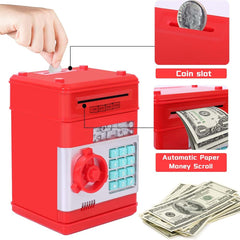 Electronic Money Bank for Kids - Password Lock, Auto Cash Scroll, ATM-Style Piggy Bank (Red)