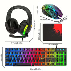 4-in-1 Gaming Combo: Wired Keyboard, Mouse, Headset & Mouse Pad. Rainbow LED backlit for PC, PS4, Xbox. Complete gaming setup.