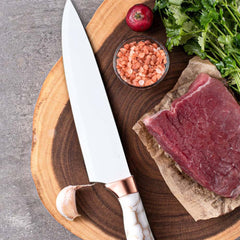 9-Piece White Kitchen Knife Set Ultra-sharp non-stick blades with cracked handle design & acrylic stand. Perfect gift set.